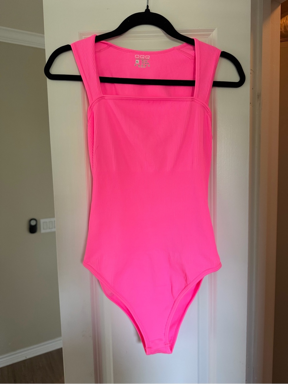 Neon Pink Ribbed Square-Neck Bodysuit